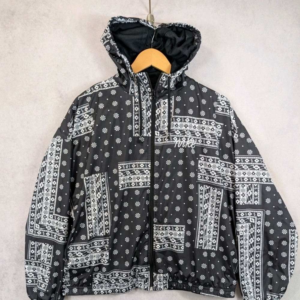 Nike Bandana Print Black White Hooded Full Zip Wind Jacket Women's Size Large